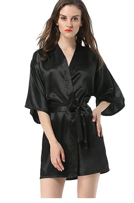 

New Black Chinese Women's Faux Silk Robe Bath Gown Hot Sale Kimono Yukata Bathrobe Solid Color Sleepwear S M L XL XXL NB032