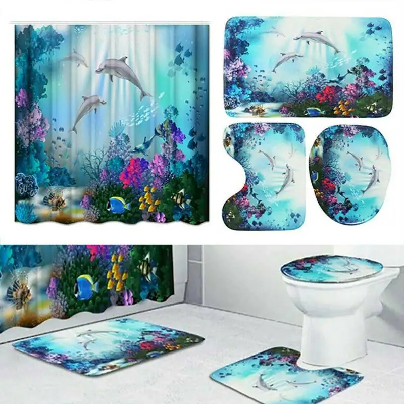 

4 шт./компл. моющаяся шторка с изображением дельфина для ванны, душа, сиденья для унитаза, нескользящий коврик, домашний декор, наборы для ван...
