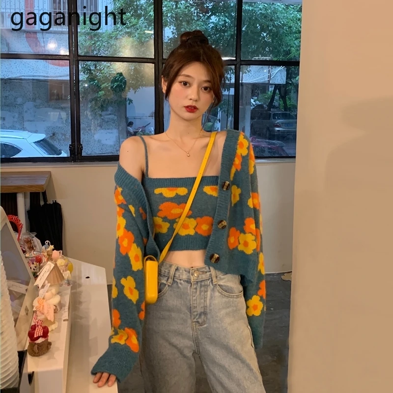 Gaganight цветочный винтажный кардиган для женщин укороченные топы тонкий шикарный в