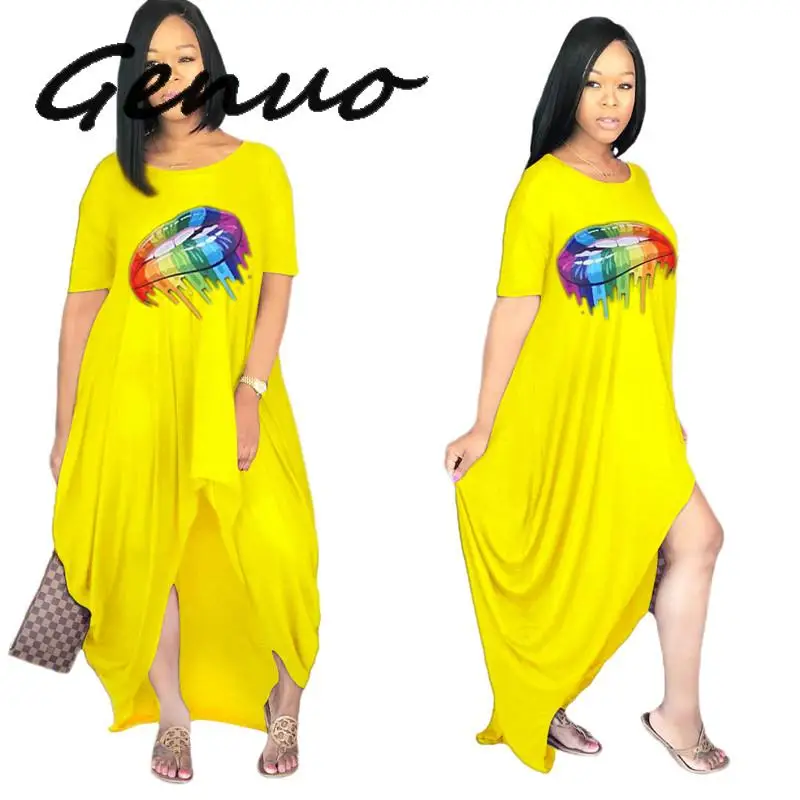 

Genuo, новинка 2019, новинка, лето-осень, женское платье с круглым вырезом, коротким рукавом, с принтом, необычное, свободное, макси платье, модные,...