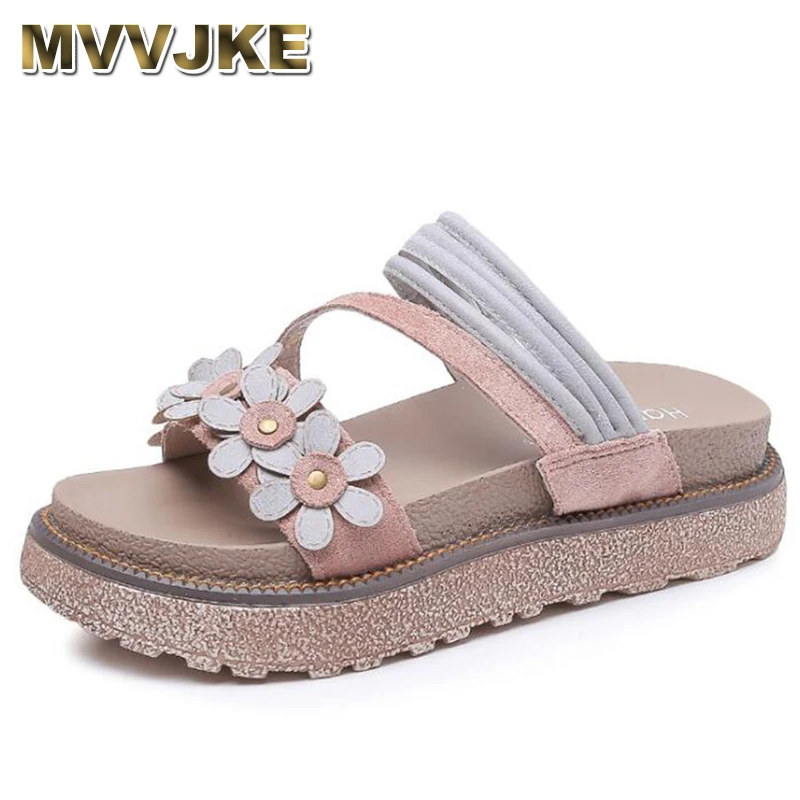 

Женские сандалии ручной работы MVVJKE, удобные пляжные босоножки из коровьей кожи, плоская подошва, с цветами