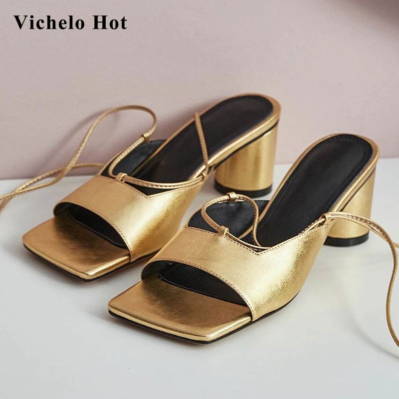 

Vichelo Hot 2020 summer new arrival peep toe round med heel French romantic beauty lady daily wear lace up hot sandals women L47
