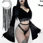 Женский укороченный топ Goth Sexy, черная блузка с расклешенными кружевными вставками и длинными рукавами, Готический Ретро топ с V-образным вырезом, элегантный топ