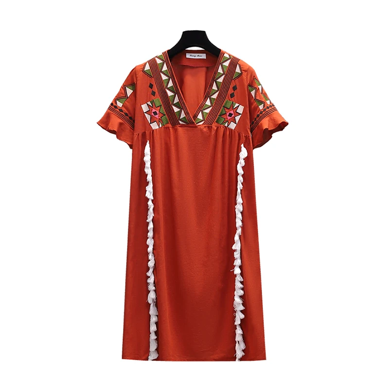 

EHQAXIN Summer Plus Size Women's Tassel Dress Classical V-Neck Embroidered Trumpet Sleeves Improved Hanfu National Style L-4XL
