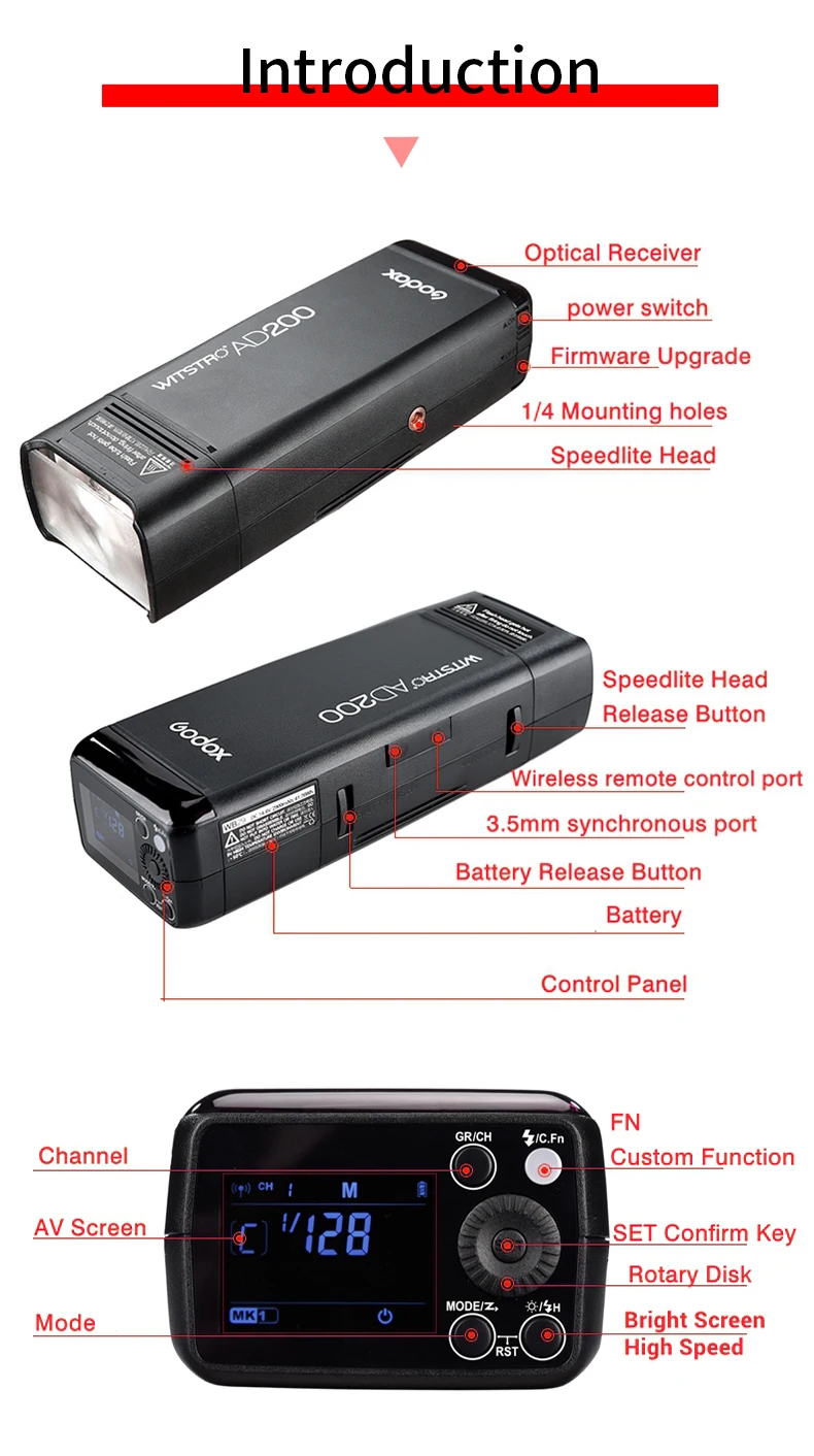 Godox AD200 комплект 200Ws 2,4G ttl карманная вспышка стробоскоп 1/8000 HSS Беспроводная монолайт 2900mAh литиевая батарея и голая лампочка/Speedlite