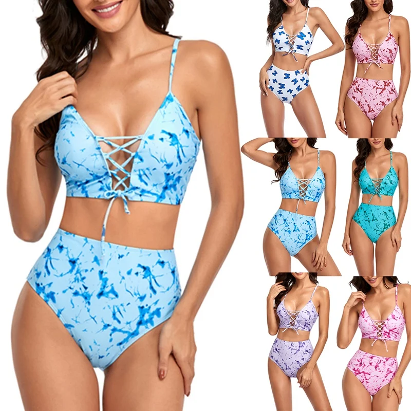 

Женское пикантное бикини с V-образным вырезом и принтом, купальник из 2 частей с высокой талией и разрезом