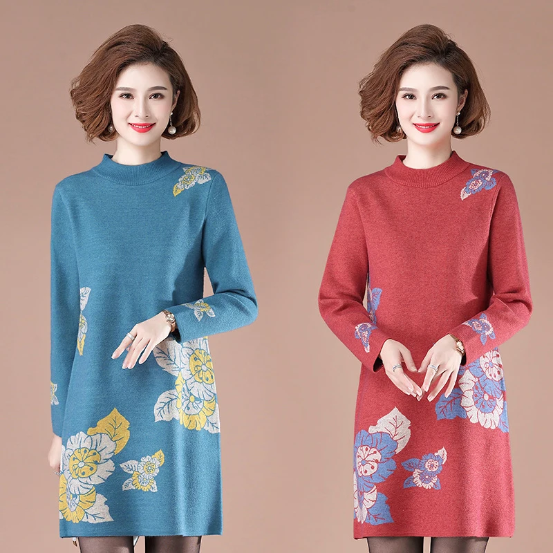 

Knitting Sweater Middle Length Women Dress Print O Collar Knitted Jumpers Elegant Warm Base Sweater Dresses Middle-aged Fall New