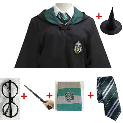 Slytherin 6pcs set Костюм из Поттера, одежда, галстук, шарф, палочка, очки, шляпа Ravenclaw Gryffindor Hufflepuff Slytherin Potter, косплей, халат, плащ E2103AD - Цвет: Slytherin 6pcs set