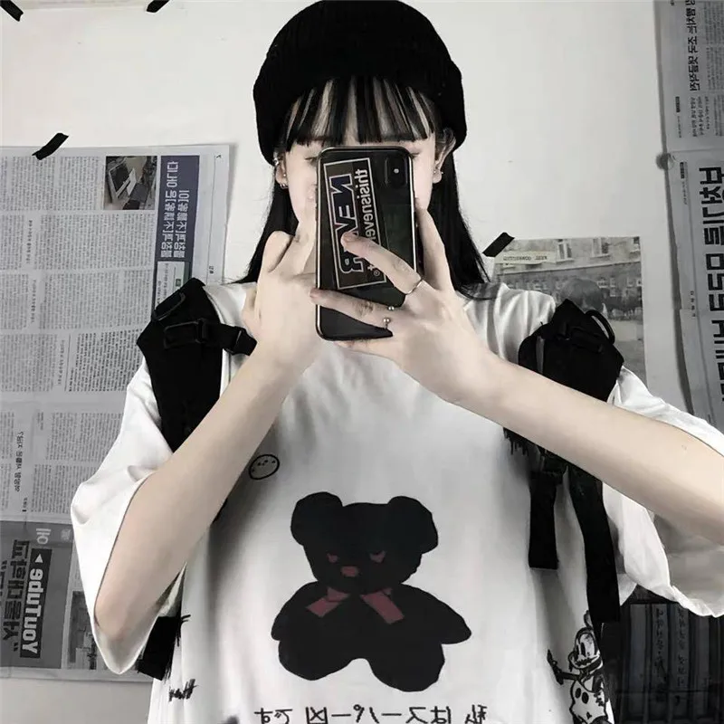 Japan Gray Tshirt Streetwear Loose Summer T Shirt Women Harajuku Punk Short Sleeves T-shirts Tops Tee Hip Hop Loose Tshirt Girls