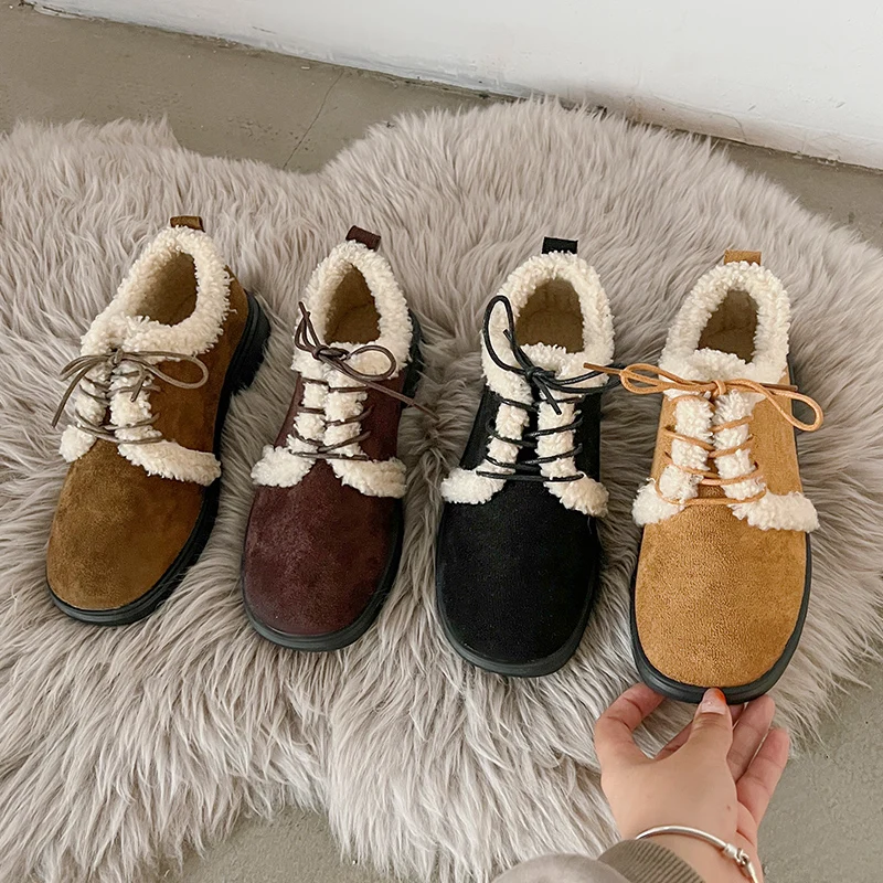 

Women Casual Female Sneakers Moccasin Shoes Loafers Fur Round Toe Moccasins New Cross Winter Slip-on Rubber Lace-Up Leisure Cros