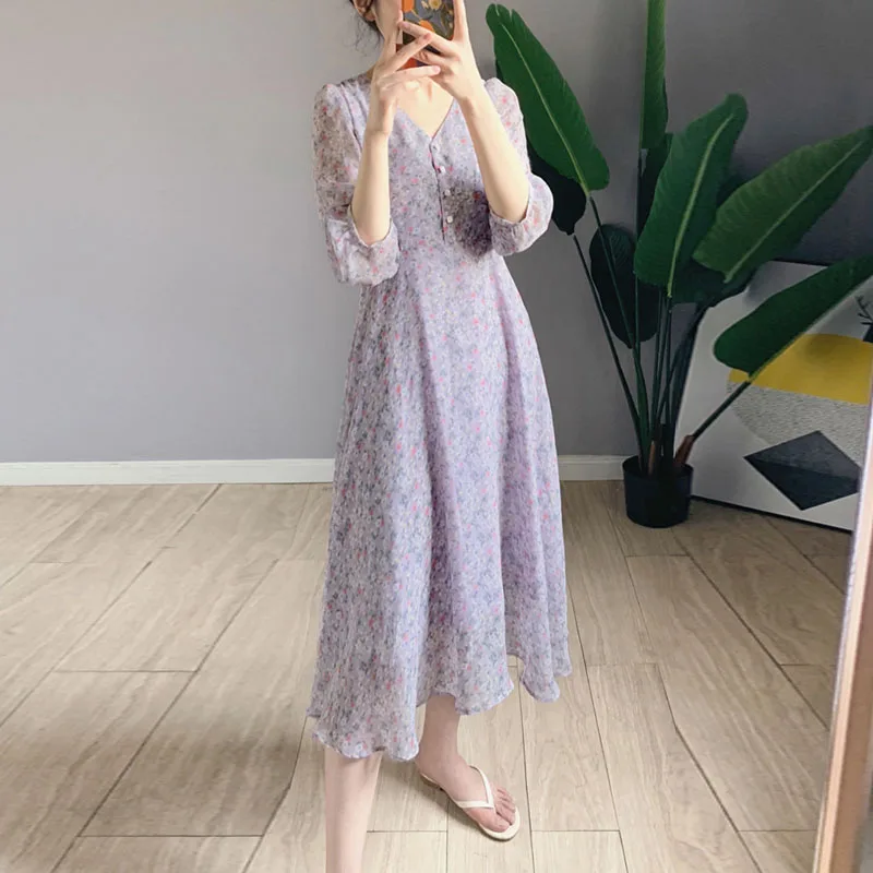 

One Piece Women Floral Midi Dress Vintage Puff Sleeve Purple Chiffon Dress Female 2021 New Summer Korean Elegant Boho Dresses