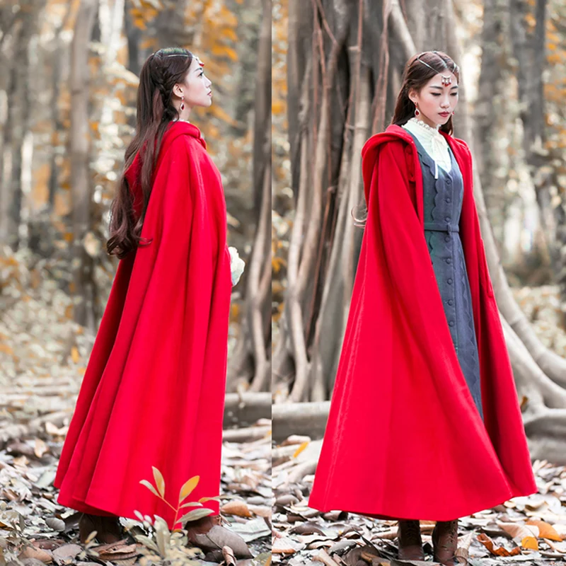 Autumn and Winter Women Cape Retro Loose Cape Coat Hepburn Wind Reversible Tweed Thick Jacket Red Magic Cloak Long Wizard Hat