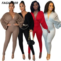 fagadoer sexy bodycon jumpsuits women deep v backless bodysuit ruffles ruched full sleeve skinny long playsuits clubwear
