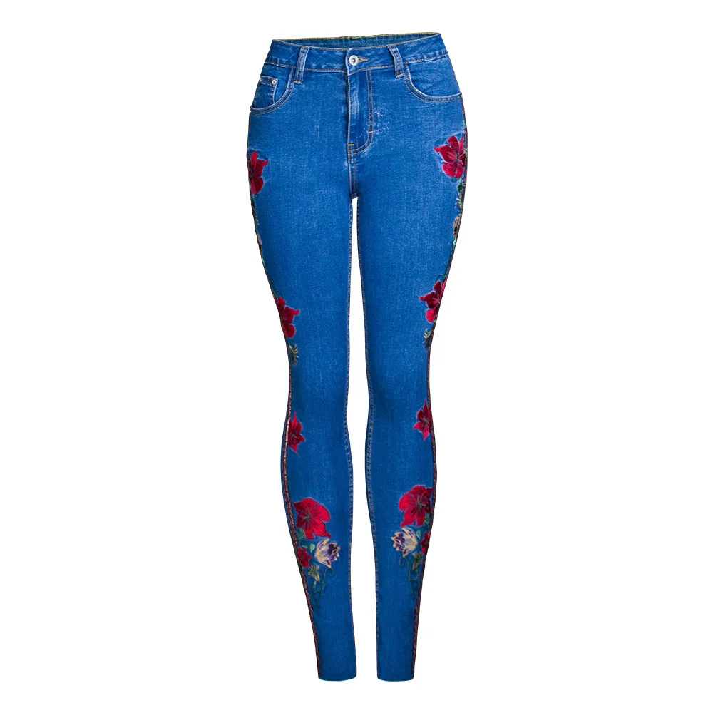 

Women Flower Embroidery Jeans Side Stripe Push Up Hip Pencil Lift Skinny Jean Trousers Super Stretch Slim Fit Tight Denim Pants