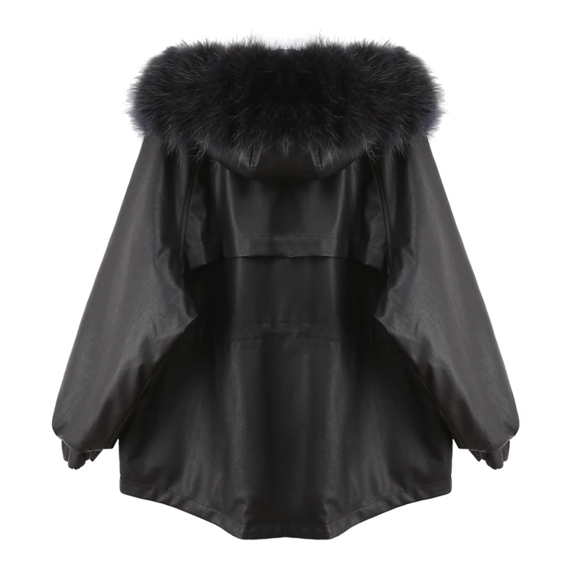 Hooded Genuine Fur Collar Thick Leather Coat Women's Winter New Korean Style Loose PU Leather Jacket