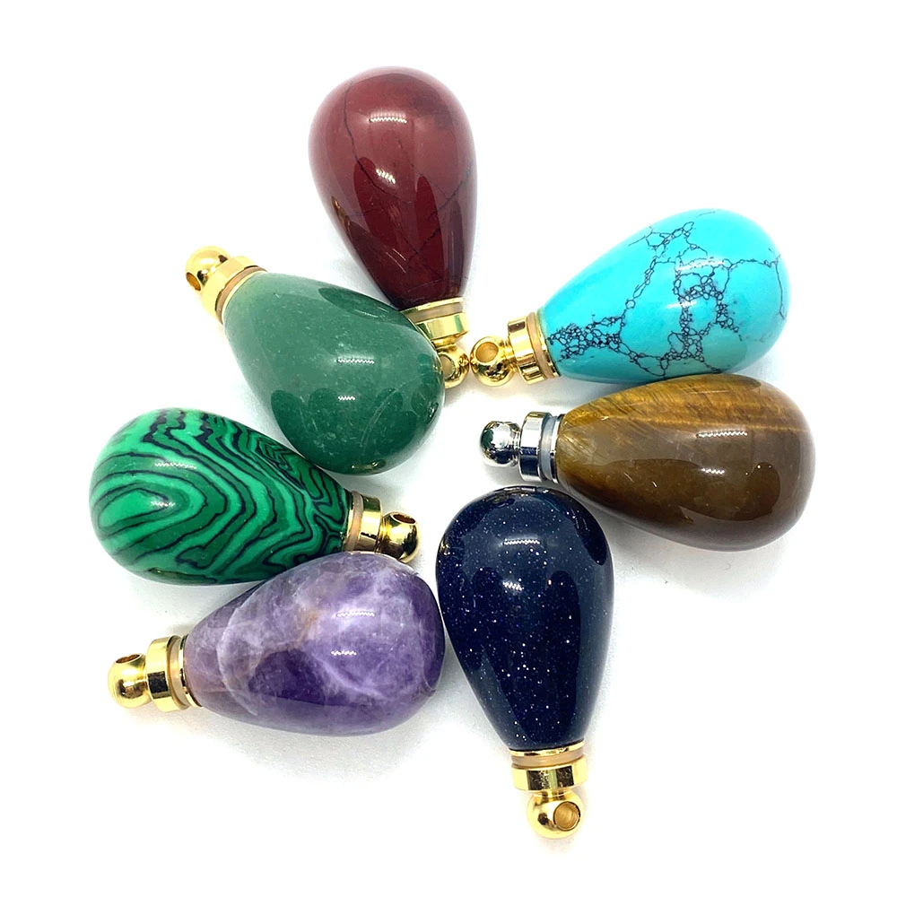 

1 Piece of Natural Stone Pendant Drop-shaped Amethyst Tiger Eye Perfume Bottle Pendant Making Jewelry Necklace Earrings 19x37mm