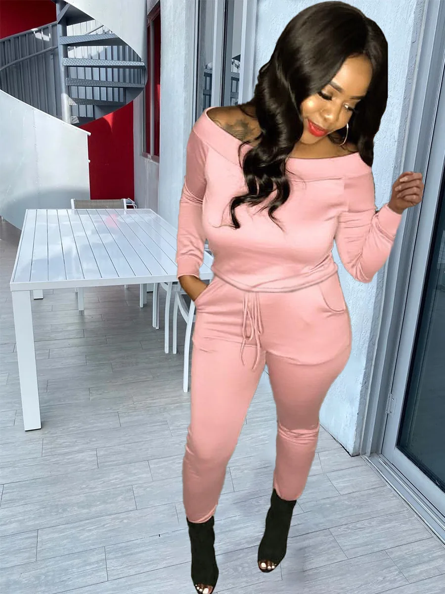 

Autumn Women 2 Piece Set Tracksuit Tops And Pants Outfit Fashion Solid Color Plus Size Women's Slash Neck Casual Matching Sets