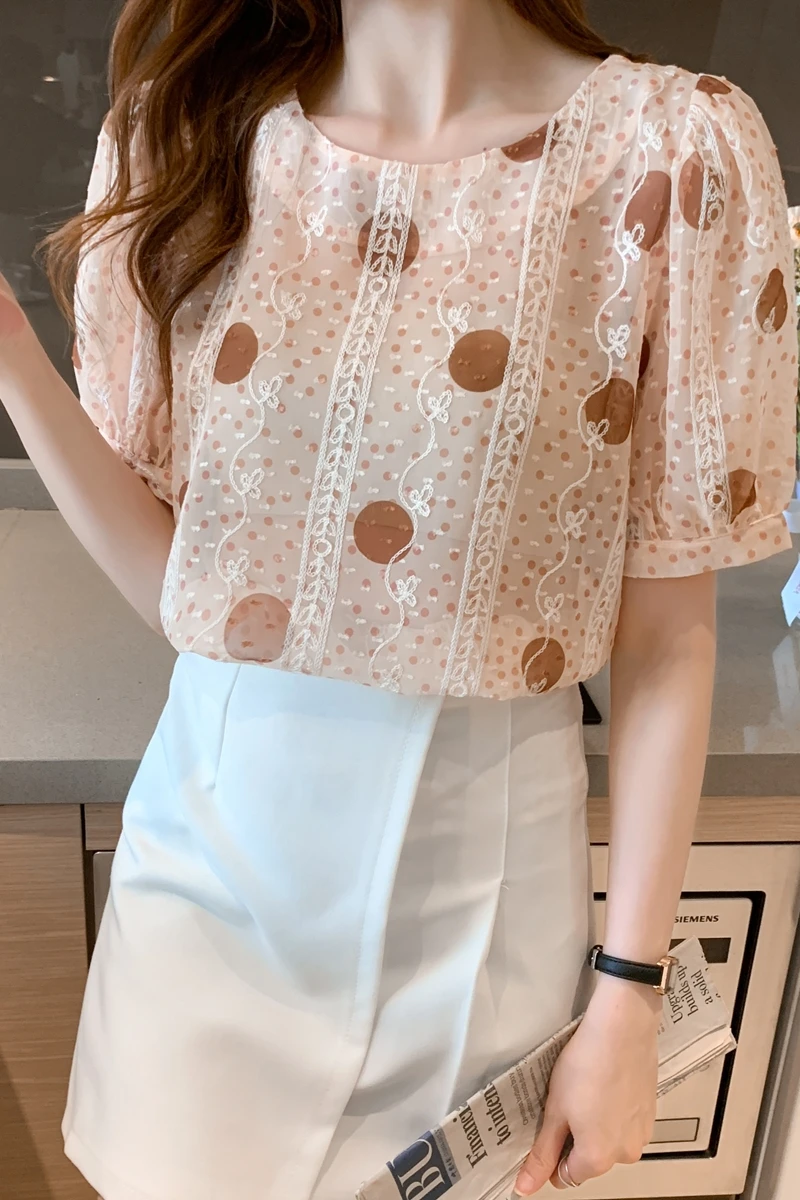 

Houthion Chiffon Slim Women's Blouses New Casual Blouse Fashion Short Sleeve Top Polka Dot O-neck Pullover Summer
