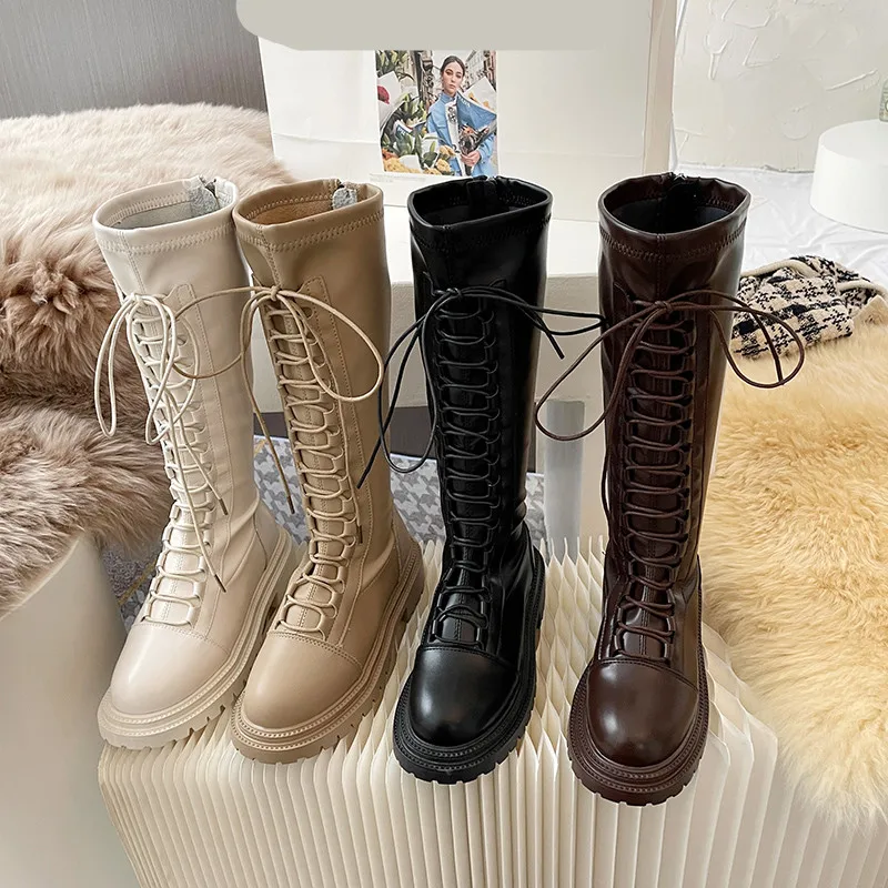 

Женские ботинки на плоской подошве, белые сапоги до середины икры с круглым носком, на высоком каблуке