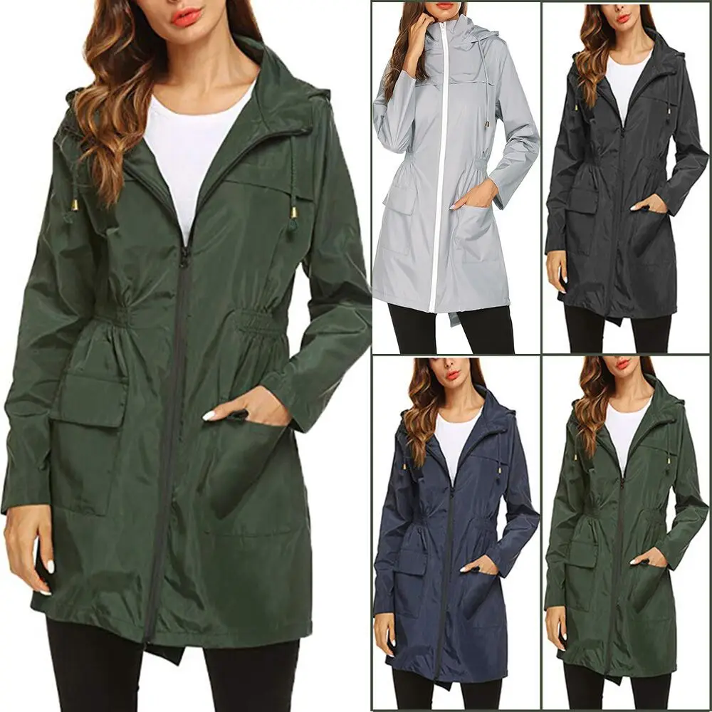 

Women Wind Jacket Rain Coat Basic Style Zipper Pockets Long Sleeve Hooded Windbreaker Waterproof Hiking Outdoor Coat Plus Size
