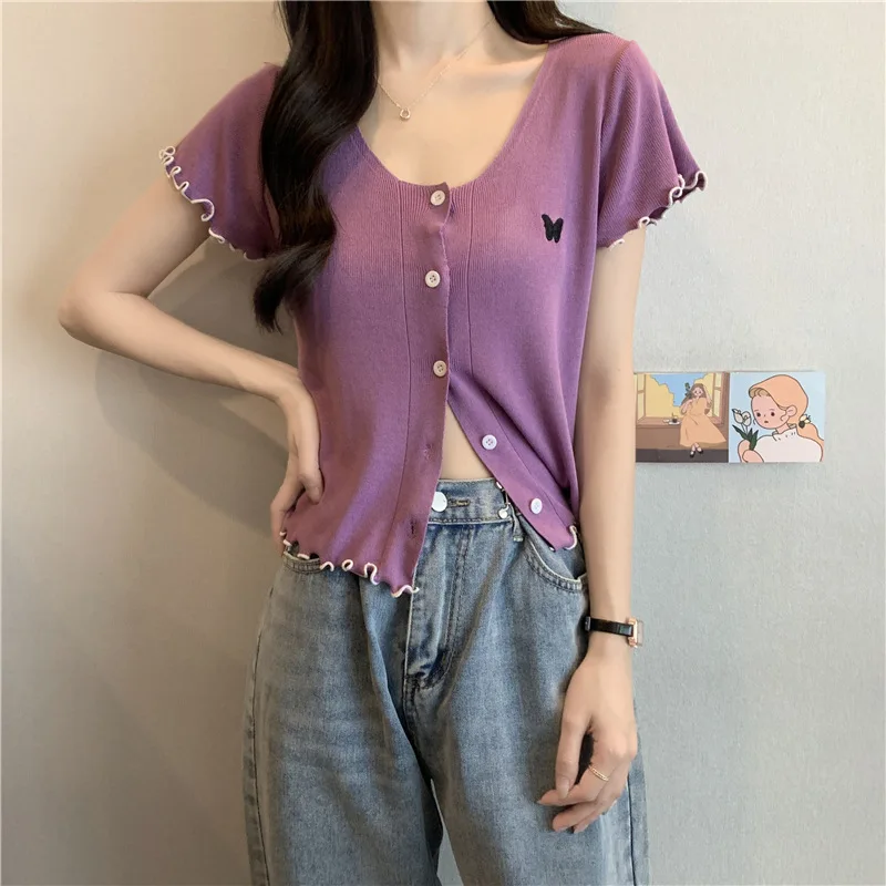 

Korean Style v-neck Short Knitted Short sleeve T-shirt Women Thin Cardigan Fashion Butterfly pattern Sun Protection Wear outside