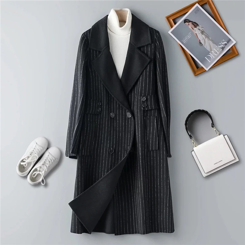 

Для женщин шерстяные вертикальные полоски костюм воротник Для женщин средней длины двубортная Для женщин Двусторонняя нейлоновая куртка