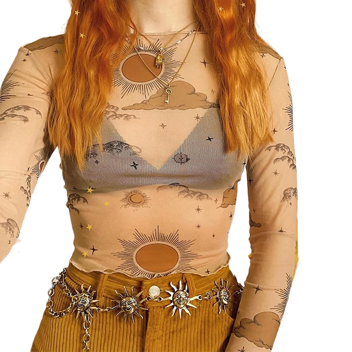 

Women Mesh See Through Crop Top, Mock Neck Long Sleeve Sun Moon Star Printed Sexy Shirt Blouse