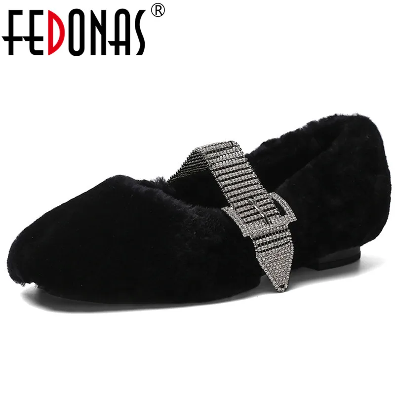 Женские лоферы с кристаллами FEDONAS повседневная обувь пряжкой на меху для