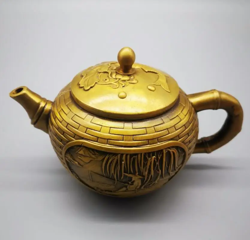 

China brass jiang ziya fishing teapot crafts statue