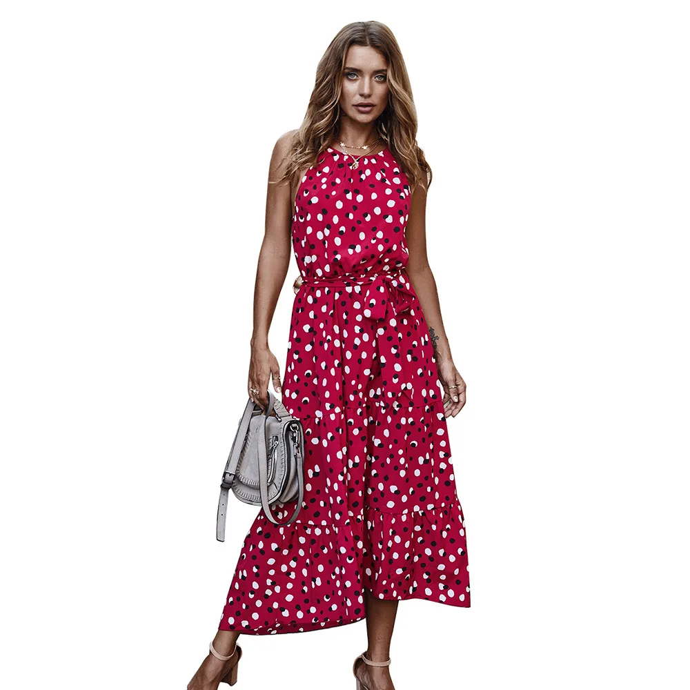 

Women Spaghetti Strap Dress Ankle-Length Sleeveless Sashes Dresses Lady Polka Print Dot Suspender Dress Pleated Bohemian Dress