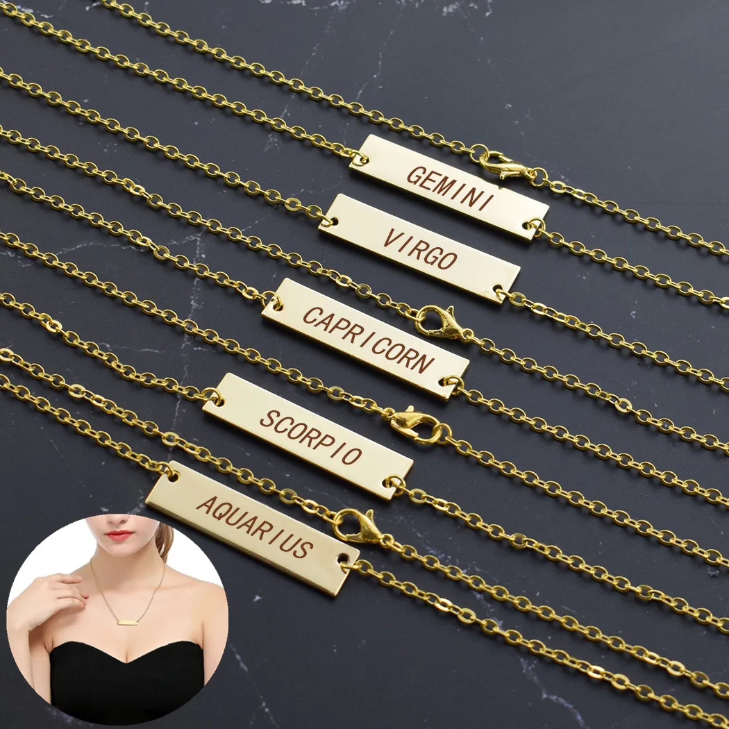 

Fashion Zodiac Letters Necklace Engraving Constellation Bar Vertical Stainless Steel Necklaces Birthday Gift for Her