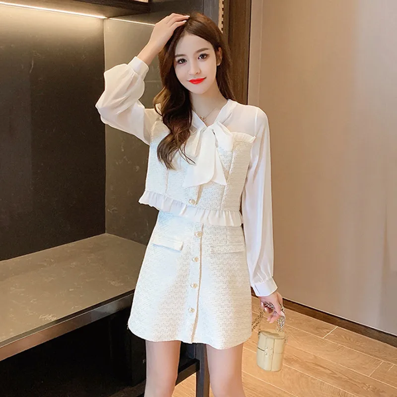 

Женский дизайнерский костюм из двух предметов, рубашка с длинным рукавом и воротником-бантом и модная однобортная мини-юбка А-силуэта в офи...