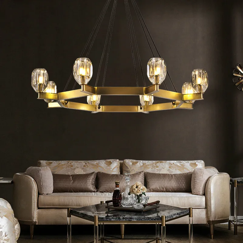 American RH Copper Led E14 Chandelier Lustre Living Room K9 Crystal Hanging Lighting Adjustable Suspension Lamp | Освещение