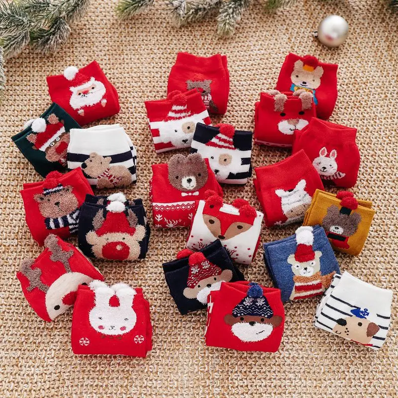 Christmas Socks Colored Cotton Red Socks 22 Pairs Cartoon Animal Cotton Cute Gift Christmas Socks Girl