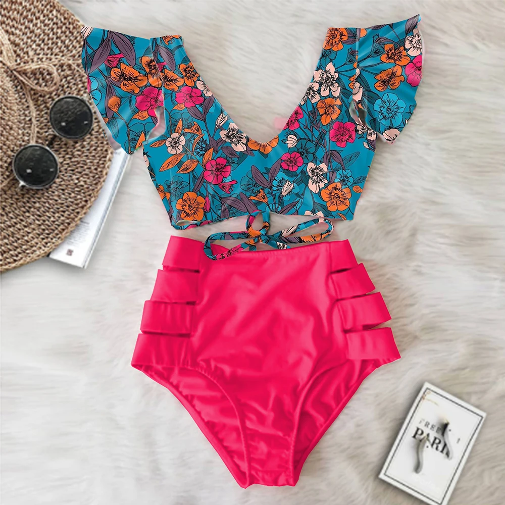

High Waist Ruffled Sexy Bikini Set 2020 Flounce Biquini Swimwear Women Two Pieces Swimsuit Floral Beachwear V-Neck Bathing Suit