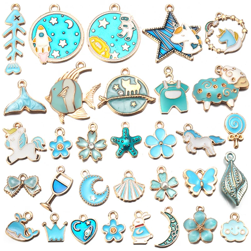 

SAUVOO 31pcs Mix Size Alloy Metal Drop Oil Charm Flower Animal Fish Unicorn Enamel Charms For Jewelry Making Accessories
