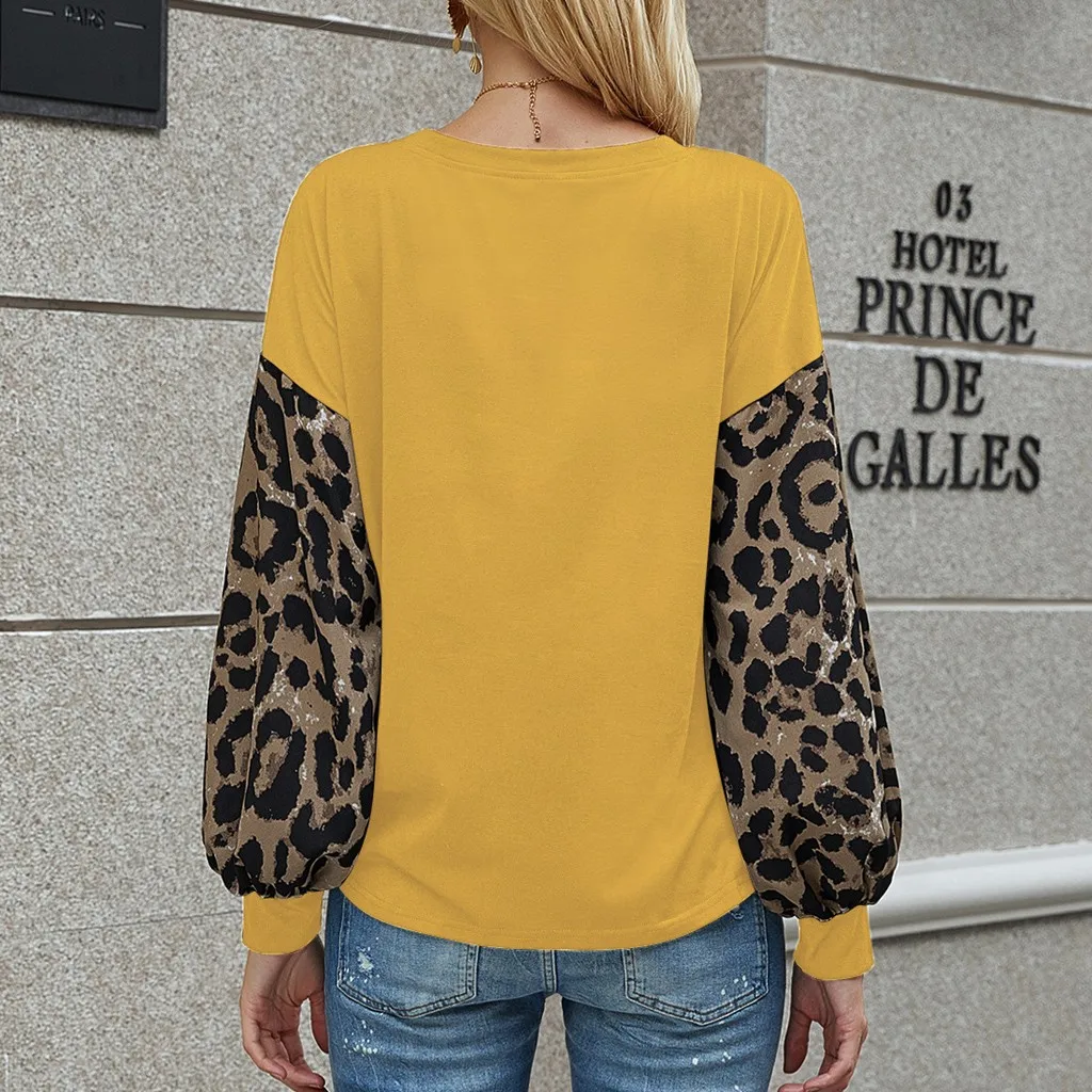

CHAMSGEND Spring Tshirt Women 2020 Autumn Fashion Women Casual Loose leopard Stitch Lantern Sleeve T-Shirt Top Camiseta MujerF76