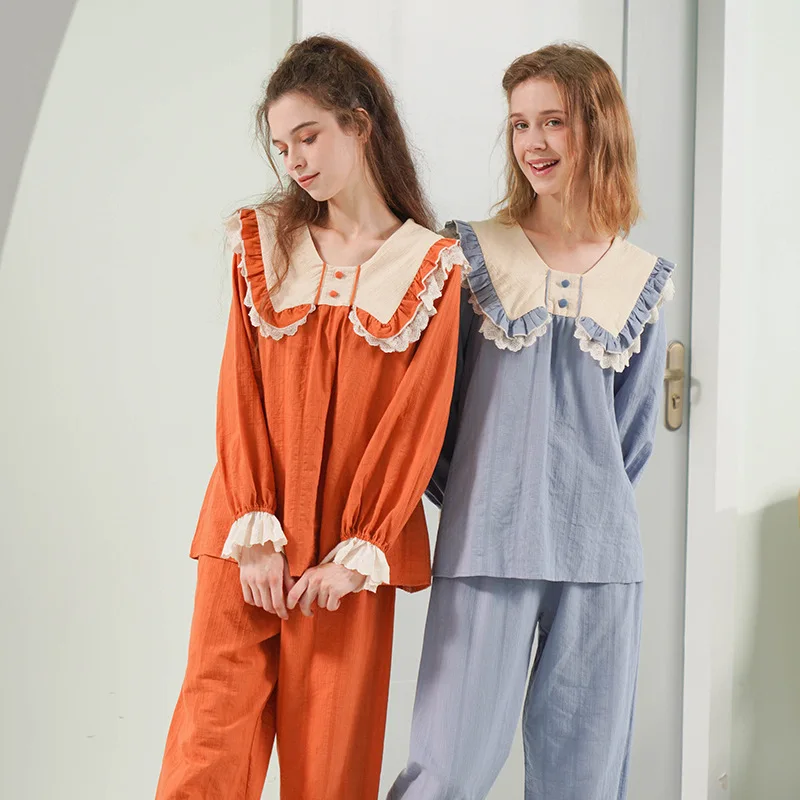 

Spring Autumn Long-Sleeved Pajamas Women 100% Cotton Korean Style Cute Sweet Casual Lace Princess Wind Pyjama Women Nightwear