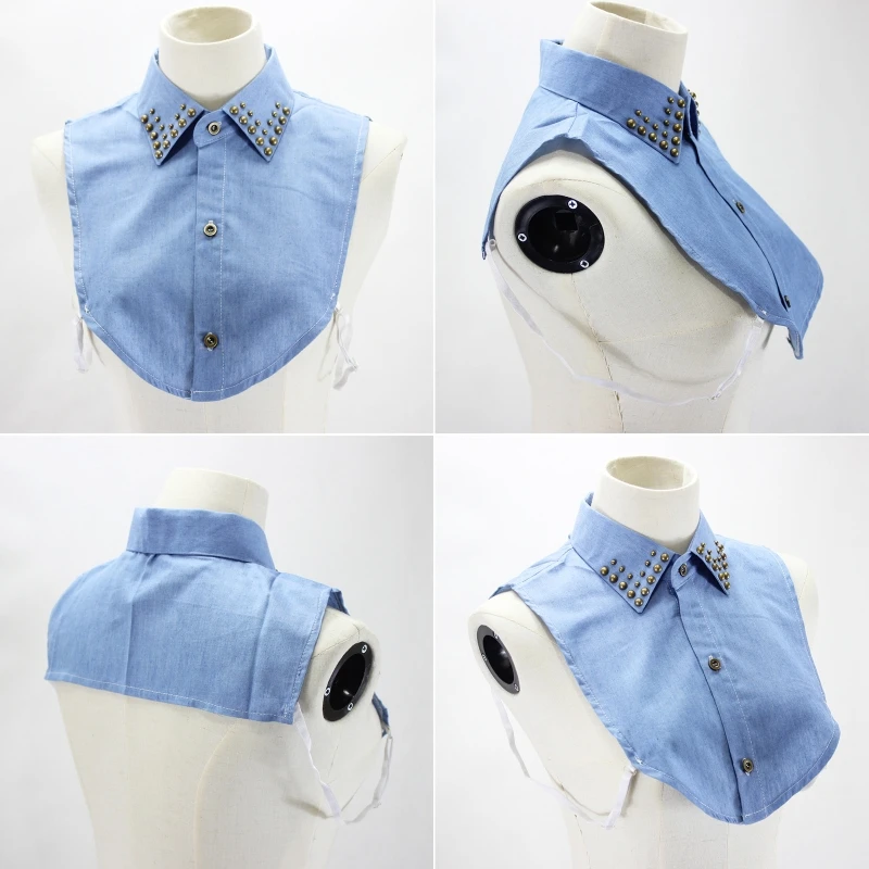 

Women Vintage Studded Lapel Fake Collar Button Punk Style Denim Blue Half Shirt