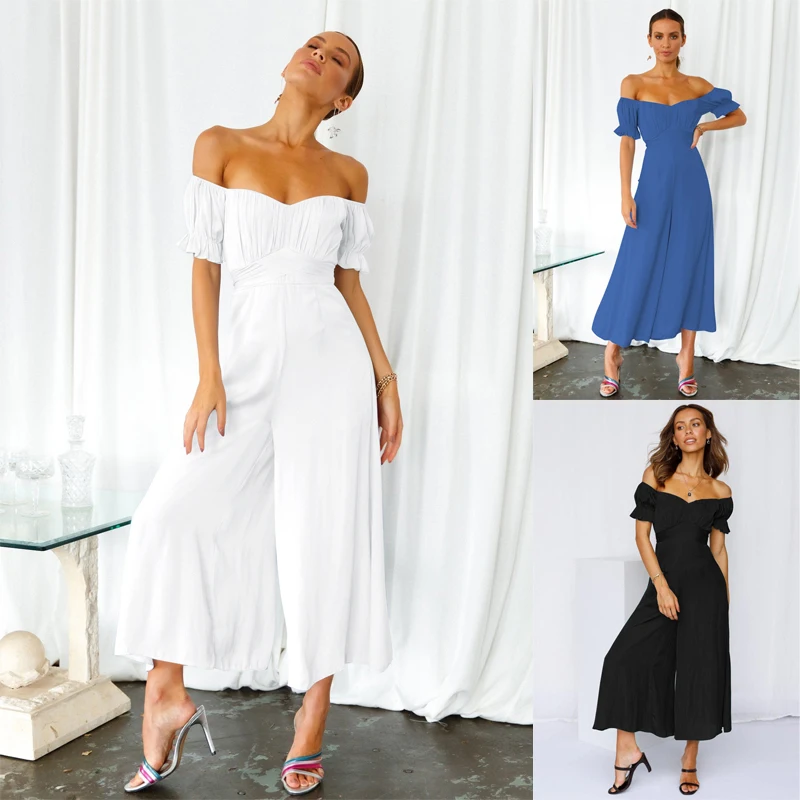 

Женский комбинезон с оборками, элегантный однотонный комбинезон с длинными широкими штанинами и открытой спиной, лето 2022