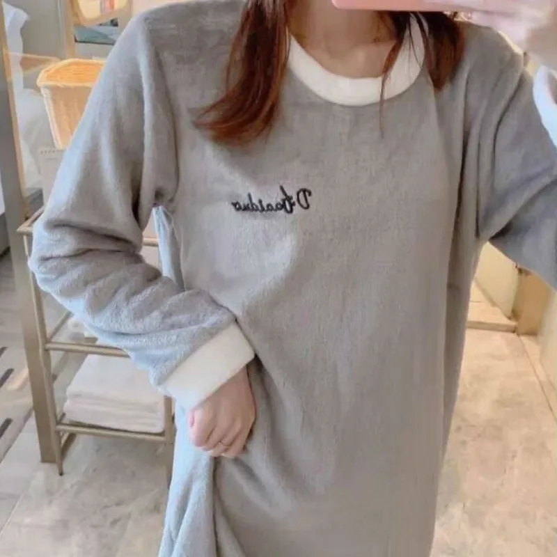 

Women Nightgowns Letters Print Flannel Soft Simple O-neck 2XL Elegant Korean Trendy Sleepwear Home Nightdress Sleepshirts Casual