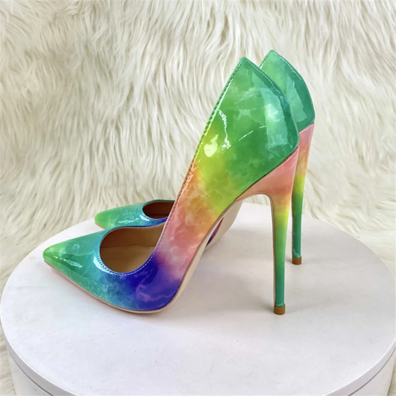 

Gradient Green Women Pointy Toe Glossy Stiletto Pumps Sexy Ladies 12cm High Heel Party Dress Shoes Big Size 10 11 QP150 ROVICIYA