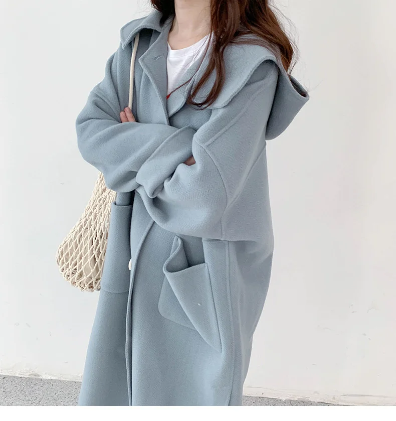 

Женское двустороннее кашемировое пальто, свободное милое красивое пальто средней и длины с капюшоном в елочку, весна 2021