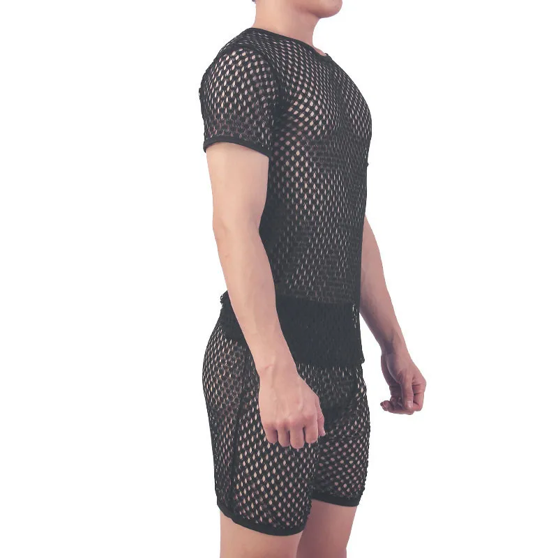 

Mens Clothes Set Sexy See Through Men's T-Shirts Short Sleeve Casual Tops Mesh Breathable Loose Shorts Sleep Bottoms Pajamas Set