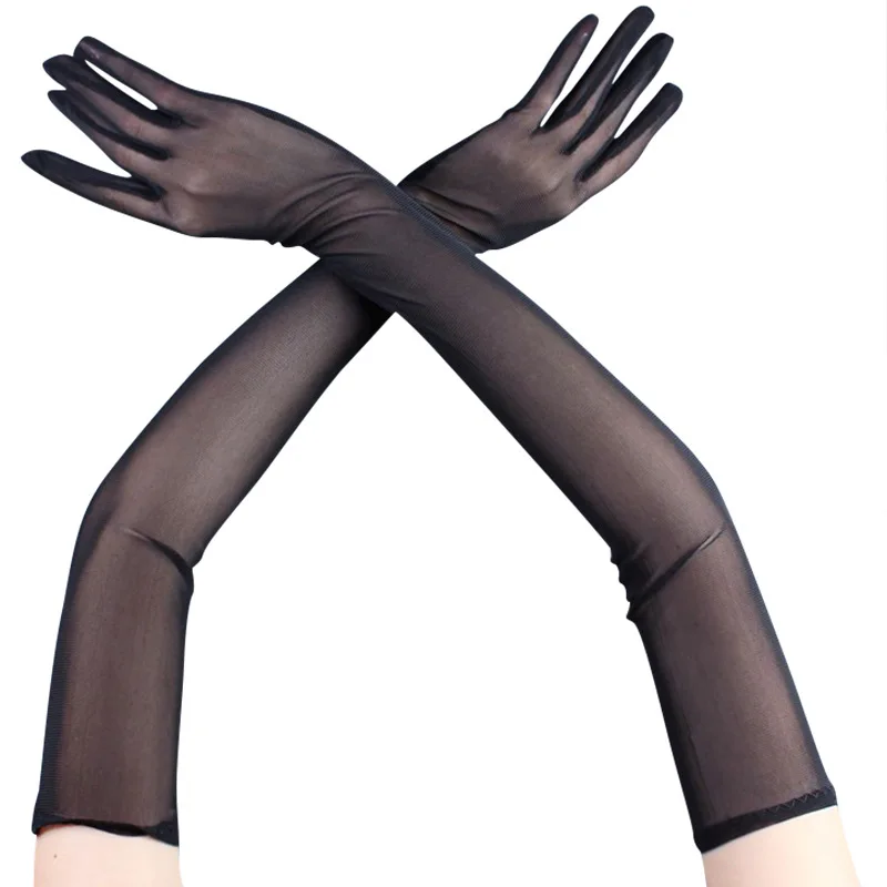 Sexy Lace Thin Black Hollow Transparent Long Gloves Soft Breathable Solid Net Yarn Women Man Performance Party Elasticity