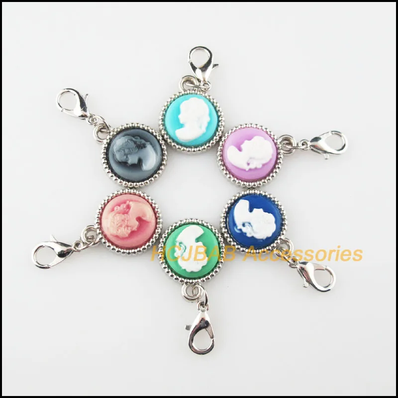 

12Pcs Dull Silver Plated Beauty Round Frame Mixed Resin Charms Pendants With Lobster Claw Clasps 15.5x19mm