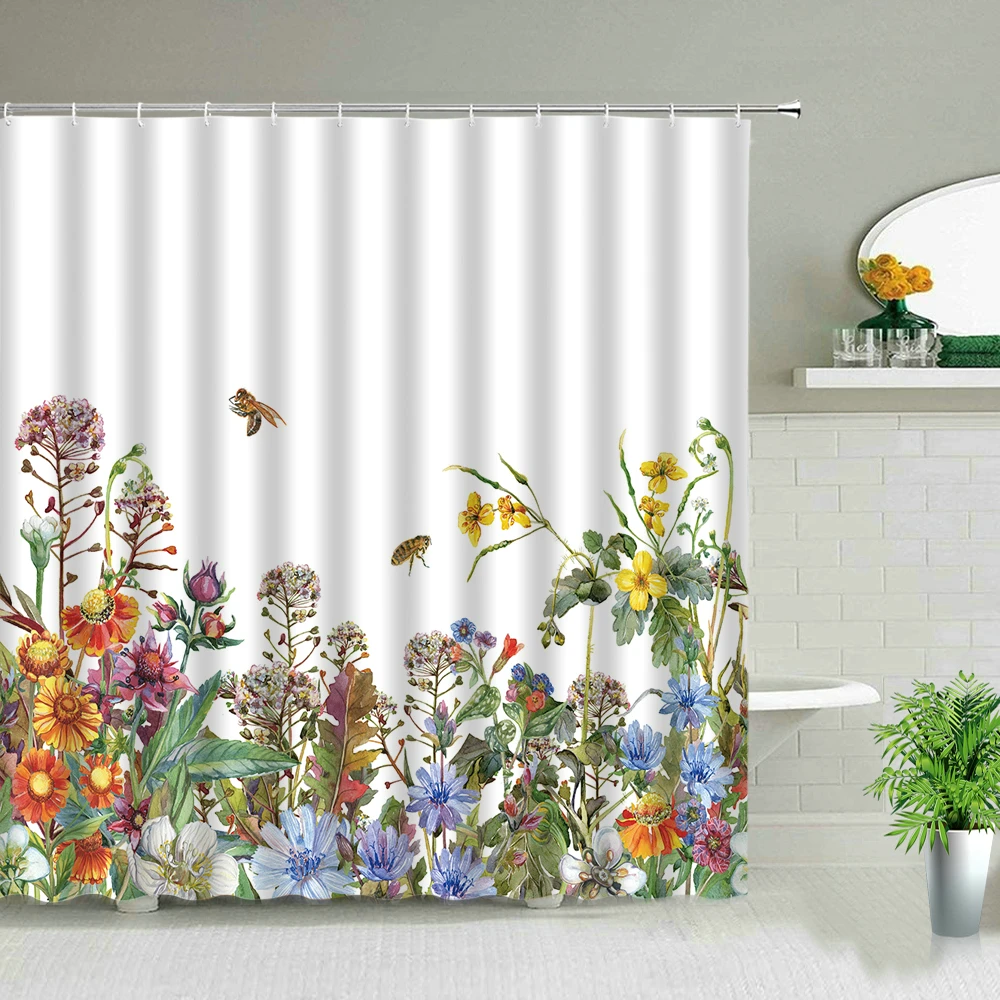 

Plant Flower Bee Scenery Shower Curtains Butterfly Floral Landscape Waterproof Frabic Bathroom Curtain With Hooks Bathtub Decor