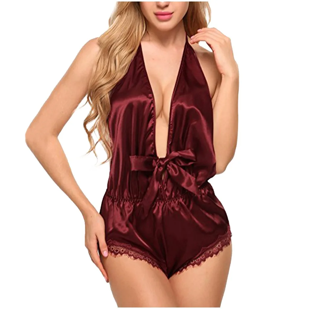 

Silk Pajamas Sexy Satin Underwear Jumpsuit Bodysuit Teddy Lingerie Sleepwear onesie women lingerie christmas