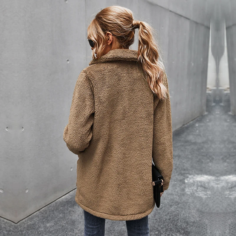 

Teddy Cashmere Solid Fleece Jacket Women 2021 New Casual Short Front Pocket Thick Warm Winter Jacket Coat Streetwear
