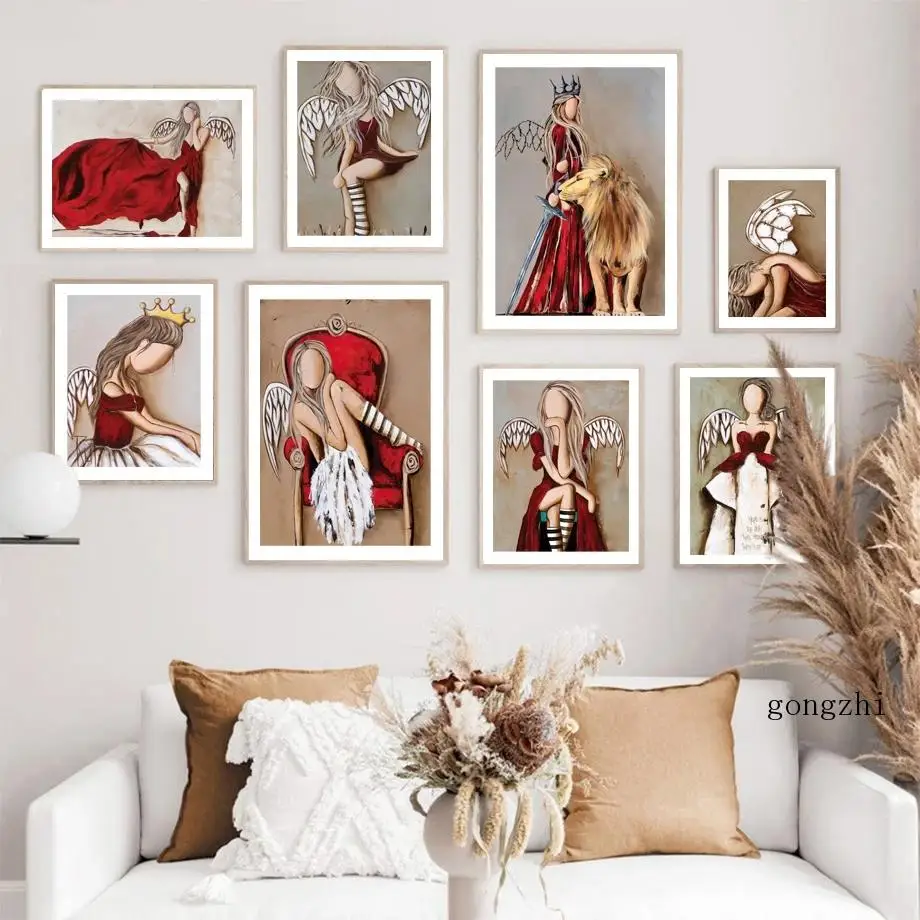 

Crown Angels Wing Girl Nordic Posters Abstract Figures Canvas Painting and Prints Wall Art Pictures for Living Room Home Decor